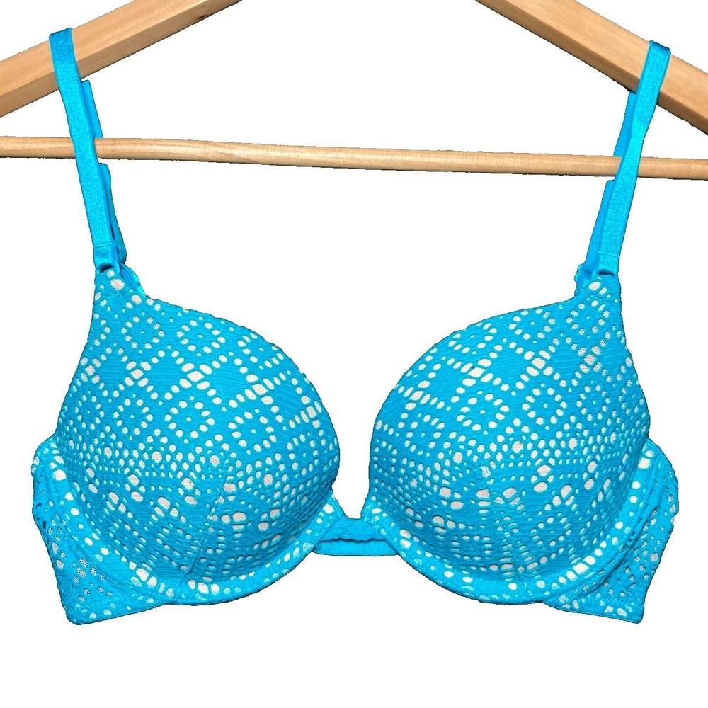 Victoria Secret Fish Net Overlay Bra 32C Extreme Push Up Womens Multiway Teal